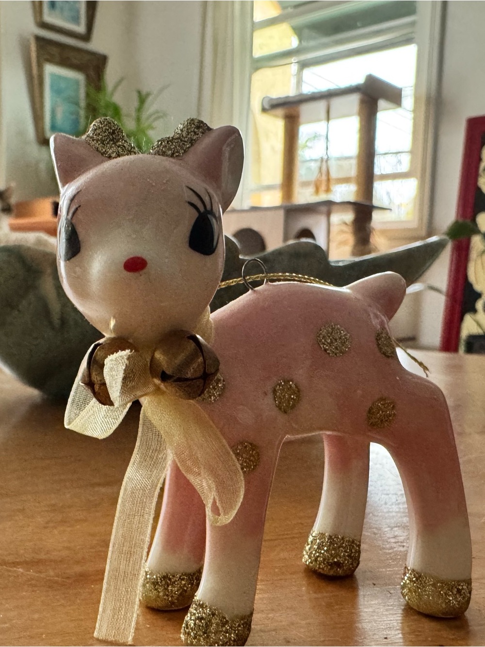 Pink Glitter Polka Dot Fawn Figurine Ornament - Decorative Home Accent